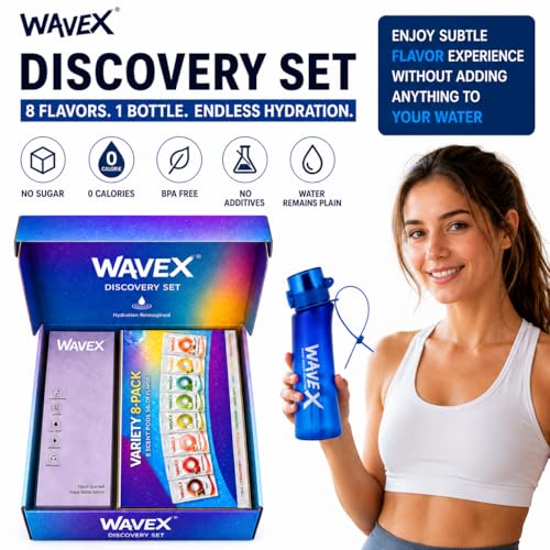Image of WaveX Scented Water Bottle + 8 Aroma Scent Pods (Cola, Strawberry, Honey Peach, Energy Drink, Green Apple, Mint, Lemon, Orange Vanilla), Flip Top Lid, Straw & Carry Strap Included (Deep Tide Blue)