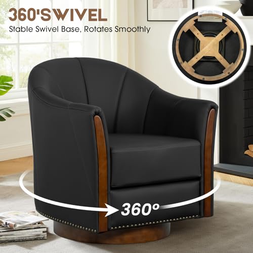 Image of Couchus 360 Swivel Accent Chair, Modern Leather Barrel Club Chair with Leather Upholstery and Sturdy Wood Base, Comfortable Armchair for Living Room, Bedroom, Reading Nook, Black
