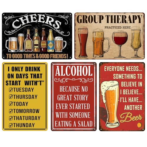 5Pcs Vintage Metal Tin Sign Set for Home Bar Man Cave Pub Retro Rustic Wall Decor with Funny Beer & Alcohol Designs Ideal for Garden Shed Indoor & Outdoor Use 20 x 30 cm