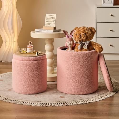 Image of SAYMA Round Storage Ottoman Set of 2 Sherpa Storage Ottoman Chair Makeup Vanity Stool Chair Multifunctional for Living Room, Bedroom, Dining Room (Pink)
