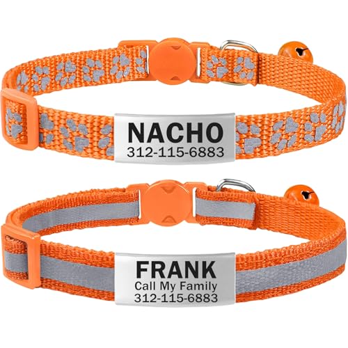 TagME 2er Pack Katzenhalsband mit Namen und Telefonnummer, Katzenhalsband mit Sicherheitsverschluss und glöckchen, 18-31 cm für Katzen, Orange