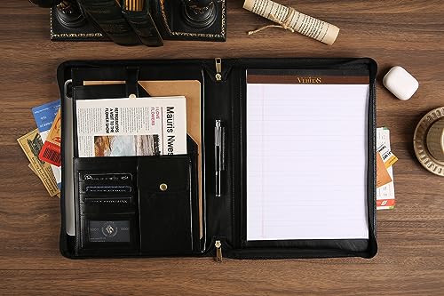 Leather Portfolio Binder with Zipper for Men Women, Leather Padfolio Business Resume Legal Pad Portfolio Organizer for A4/Pad, Leather Folio Leather Folder, Brown - Oil Black - Thumbnail 7