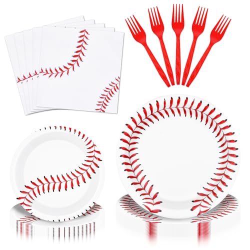 96 Pieces Baseball Party Tableware Set Sports-Themed Disposable Plates Napkins and Red Forks for Baseball Birthday Parties Team Celebrations and Game Day Events Serves 24 Guests