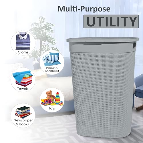 Image of KITCHIVO Plastic Large 55 Ltr Laundry Basket with Lid & Handle | Multipurpose Hamper Bins Storing Washable Clothes, Blankets | Household Ideal for Home & Bathroom (Woods Grey Laundry Basket)