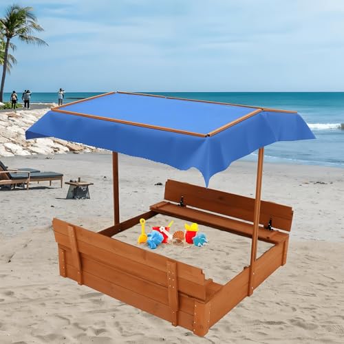 2-in-1 Wood Sandbox with Adjustable Cover, Sand Box with 2 Foldable Bench Seats for Aged 3-8 Years Old, Outdoor Sand Pit Canopy for Backyard Garden, Spacious Kids Sandbox Pit for Beach, Patio