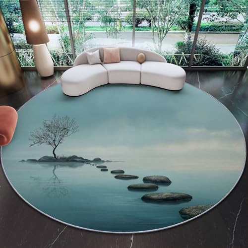 Round Area Rug 5 ft, Blue Minimalist Lone Tree Slate