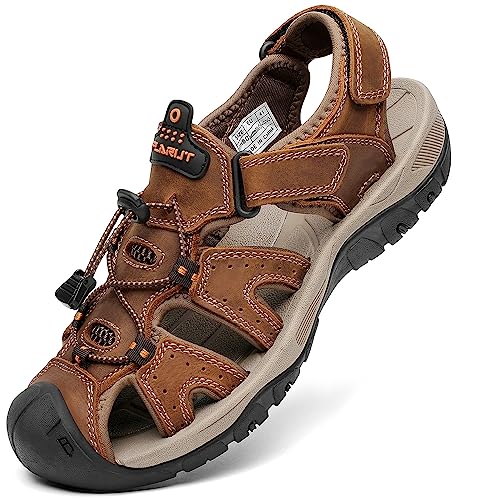 FLARUT Men's Sport Sandals Outdoor Hiking Sandals Closed Toe Leather Athletic Lightweight Trail Walking Casual Sandals Water Shoes