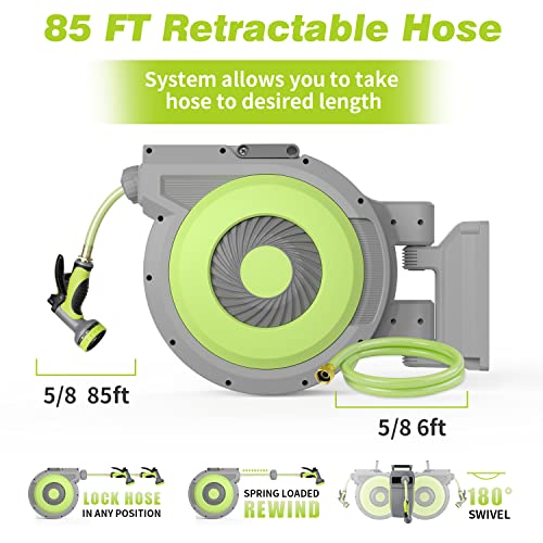 Reductus 5/8" X 85 Ft Retractable Garden Hose Reel, Wall Mount Retractable Water Hose With 10 Pattern Hose Nozzle, Any Length Lock/180° Swivel Automatic Hose Reels For Outside Garden Watering #TOP1