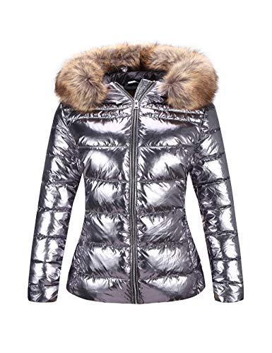 Bellivera Women's Puffer Jacket Warm Coat Hooded with Fur Collar Silver M