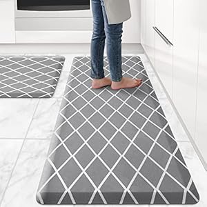 WEZVIX Kitchen Rugs Cushioned, Anti Fatigue Kitchen Mat 1/2Inch Thick,Ergonomic Comfort Foam Standing Mat, Non-Skid Kitchen Rugs and Mats for Floor, Home, Office, Sink, Laundry- 17″x29″+17″x59″,Grey