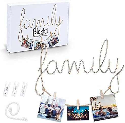 BLOKKD Family Picture Frame with Wooden Clips and Hanging String for Photos 12×7.5" - Family Sign, Wall Decor, Wall Art Decor, Family Photo Frame, Wall Collage, Gold Decor