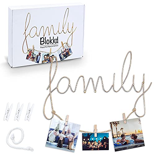 Blokkd Family Picture Frame With Wooden Clips And Hanging String For Photos 12×7.5" - Family Sign, Wall Decor, Wall Art Decor, Family Photo Frame, Wall Collage, Gold Decor #TOP2