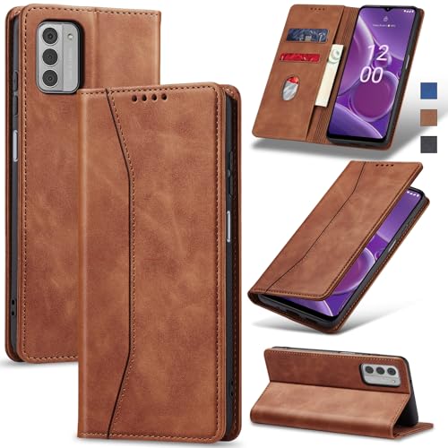 Image of Jasonyu Case for Nokia G42 Leather Wallet Flip Cover with Card Holder,Kickstand, Magnetic Closure,TPU Shockproof Phone Case Compatible with Nokia G42 (Brown)