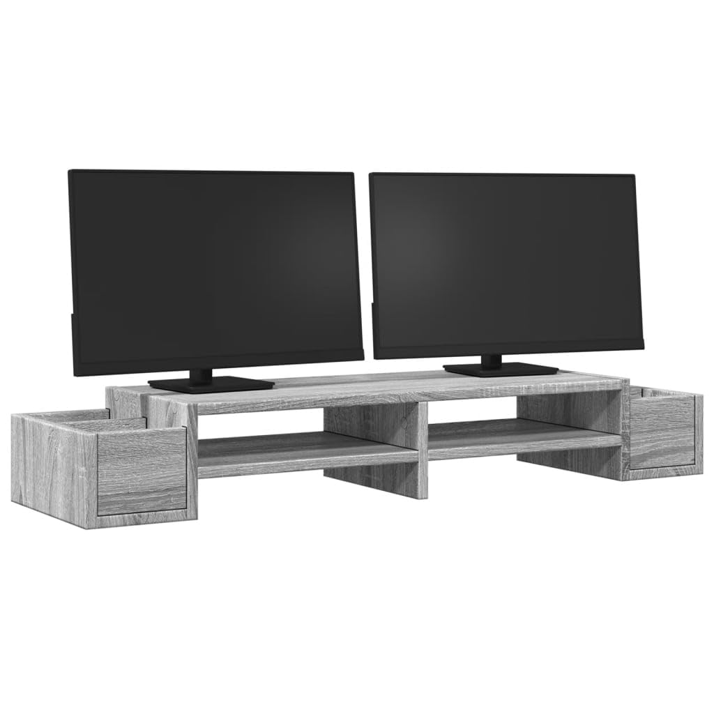 Supporto per monitor con vano portaoggetti, grigio Sonoma, in legno, 100 x 27 x 15 cm, 4 scomparti, supporto da scrivania autoportante per home office, gaming, ufficio e altezza ergonomica