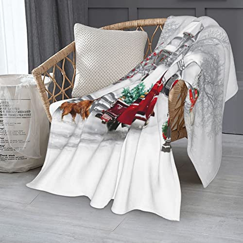 JOOCAR Christmas Throw Blanket Winter Holiday Snow Red Truck and Dog Fannel Blanket Soft Plush Warm Throw Blanket for Bed Couch Living Room Sofa Chair(White - Image 2