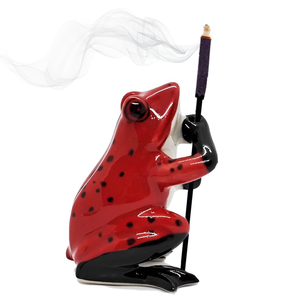BestySuperStoreTiny 2" High Red Black Frog Incense Holder - Ceramic Incense Stick Burner Clay Ash Tray Porcelain Miniature Handmade Animals Figurine Display Cute Mini Colorful Décor Gifts