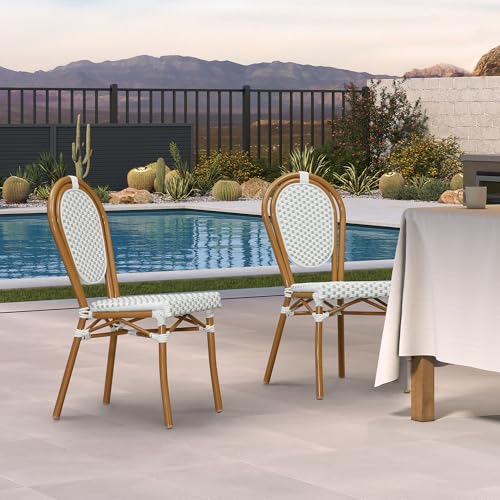 PURPLE LEAF Patio Dining Chair Set of 2 Outdoor French Aluminium Frame in Bamboo Finish with White & Gray Woven Rattan for Indoor Kitchen Deck Bistros Cafe Restaurant