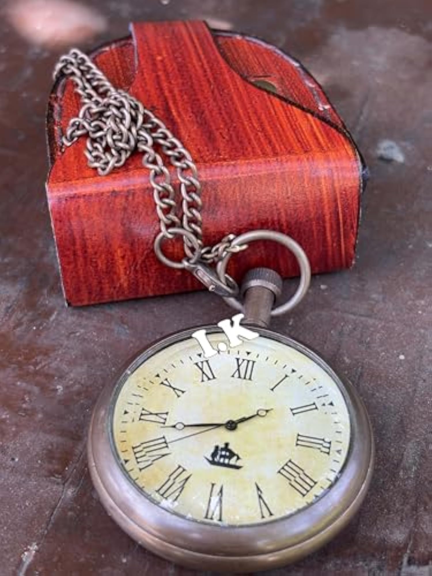 Vintage Brass Pocket Watch with Chain, Roman Numerals