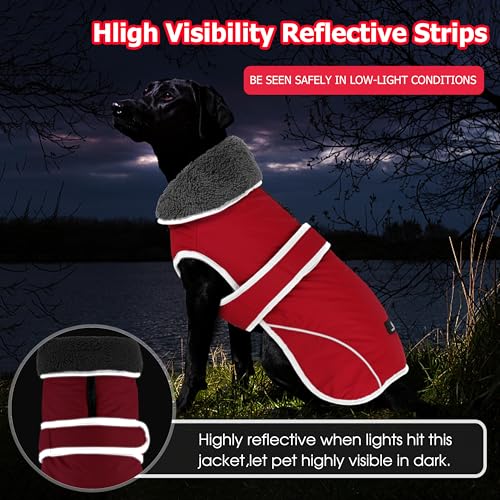 Image of Dogcheer Dog Coat, Waterproof Dog Jacket Reflective Pet Winter Coat with Adjustable Hook & Loop, Christmas Puppy Fleece Jacket Warm Turtleneck Snowsuit for Small Medium Large Dogs - Red, 3XL