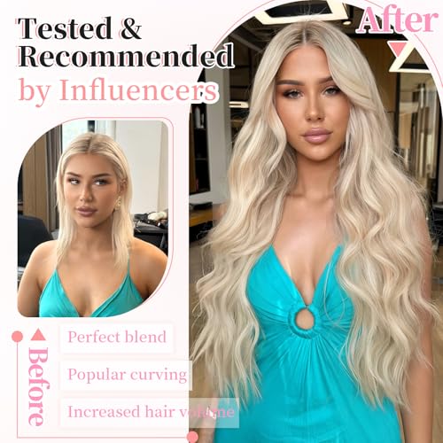 Image of KooKaStyle Wavy Thick Clip in Hair Extensions 20 inch Pearl Blonde | 4 Pieces Clip in Extensions,Fiber Double Weft Hairpieces,Natural Volume,Beach Wave Long Synthetic Hairpieces for Women