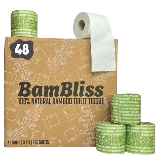 BamBliss Premium Bamboo Toilet Paper Bulk Buy | 48 Pack Wrapped 3-Ply Toilet Roll | Eco-Friendly Toilet Paper | Plastic Free, Soft, Strong, Compostable, Sustainable & Biodegradable Loo Roll