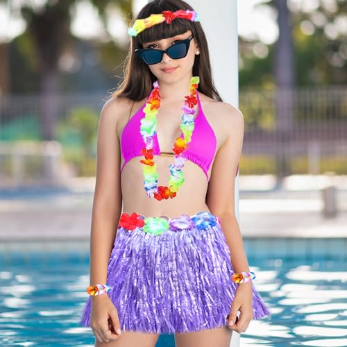 duoyif Hula Rock Hawaii Set, 5 stück Hawaiian Gras Hula Rock Mit Blumenkette, Gras Röcke, Hawaii Outfit Hula Kostüm Für Karneval Hawaii Summer Party Geburtstags Cheerleading Halloween 40cm (Violett)