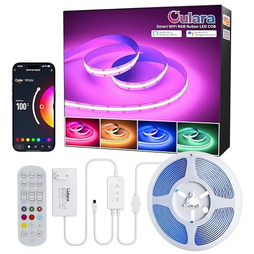 OULARA Wifi RGB Ruban COB LED 6M, LED réglable qui change de couleur DC24 V, fonctionne avec Tuya/Alexa/Google Assistant, LED bande flexible multicolore pour...