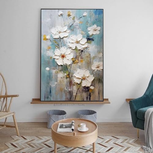 Hand-Painted White Flowers Oil Painting On Canvas for Living Room-Black Framed Floral Canvas Wall Art for Office-Large Modern Artwork Framed Ready to Hang for Home Decoration 32x48 inches - Image 6