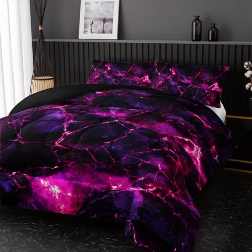 Image of Nttopship Pink Comforter Set Twin Size,Pink Marble Bedding Set 3 Pcs Bedding for Adults, Marble Room Decor with Comforter and 2 Pillowcases Soft and Lightweight B-Side Black