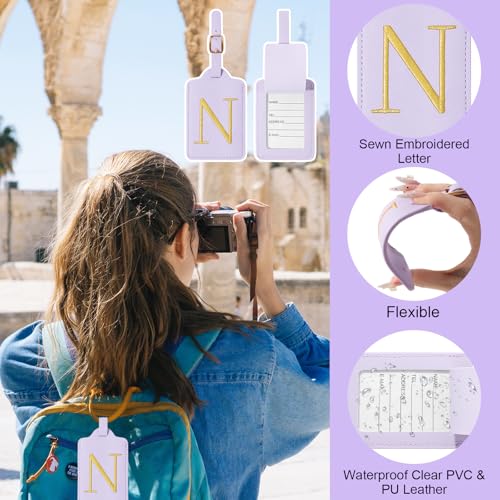 Image of Initial Letter Luggage Tags for Suitcases, Personalized Embroidered Letter Luggage Bag Suitcase Identifier Name Tag, Cute PU Leather Travel Luggage Tags, Bag Tags for Luggage Handbags(Purple N)
