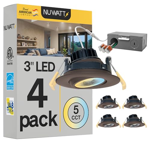 NUWATT 3 Inch LED Gimbal Recessed Downlight, 4 Pack, Canless All-in-1 LED Light with 5 CCT Color Switch 2700K - 5000K, 8W, 600 Lumens, 120V, Dimmable, Matte Bronze Finish by NUWATT - Used condition - US$62.73