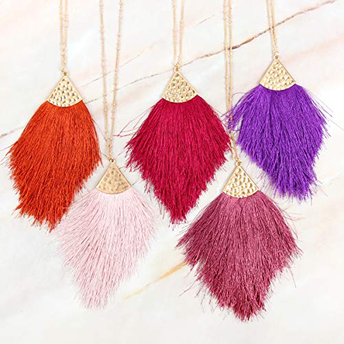 Riah Fashion Antique Bohemian Silky Thread Fan Tassel Statement Necklace - Vintage Gold Feather Shape Strand Fringe Lightweight Long Chain (Feather Fringe - Neon Orange) #TOP5