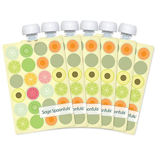 Image of Sage Spoonfuls Reusable Baby Food Pouches - 6 Pack, Baby Food Storage, Pouches Toddler, Refillable Squeeze Pouch for Kids (Fruit Dot), Dishwasher and Freezer Safe, BPA Free