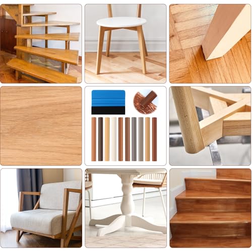 9 Stück Laminat Reparaturset, Parkett reparaturset mit Blauer Schaber Holzkorrekturstift Holzkitt Reparaturset Holz Reparaturstift Set Beheizbar Holz Reparaturstift für Holztüren, Tische, Schränke