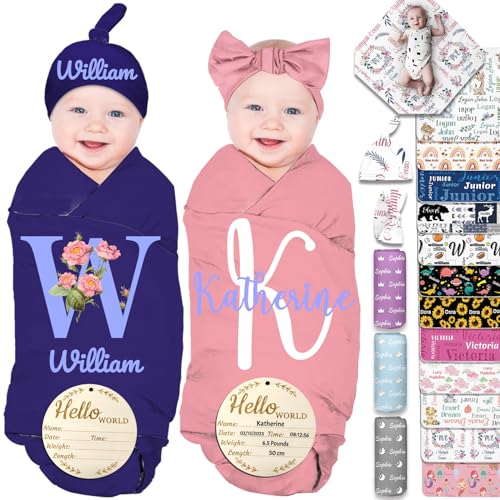 Personalized Baby Swaddle Blanket Girl Boy Custom Initial Name Swaddle with Hat Bow Set Newborn Baby Items Wrap Customized Baby Gifts