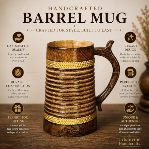 Image of Handmade Wooden Beer Mug, Wood with Sheesham Finish, Barrel Style, Lightweight & Durable, for Craft Beer, Home Bar, Cafe, Party, Gift(350ml) (Rings)