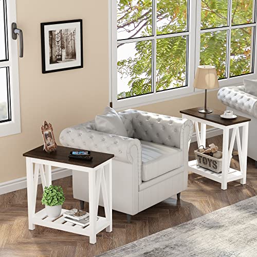 Choochoo Farmhouse End Table, Rustic Vintage Narrow End Side Table With Storage Shelf For Small Spaces, Nightstand Sofa Table For Living Room, Bedroom White 2 Pack #TOP1