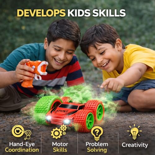Image of SMART BOY 360 Stunt Remote Control Car for Kids Boys & Girls, Dual-Sided Driving Rock Crawler, Rechargeable Off-Road 4WD RC Toy, Smoke Mist Effect, Anti-Skid Rubber Tires, LED Lights, 1178 RED