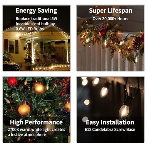 Image of 12FT C7 LED Christmas Lights Outdoor Indoor, Plug in Warm White String Lights for Porch, Railing, Staircase, Patio Decor, Green Wire