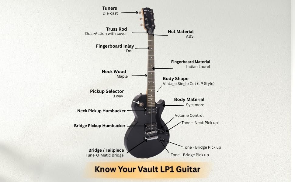 VAULT LP1 Les Paul Style Poplar Wood Electric Guitar - Black 3