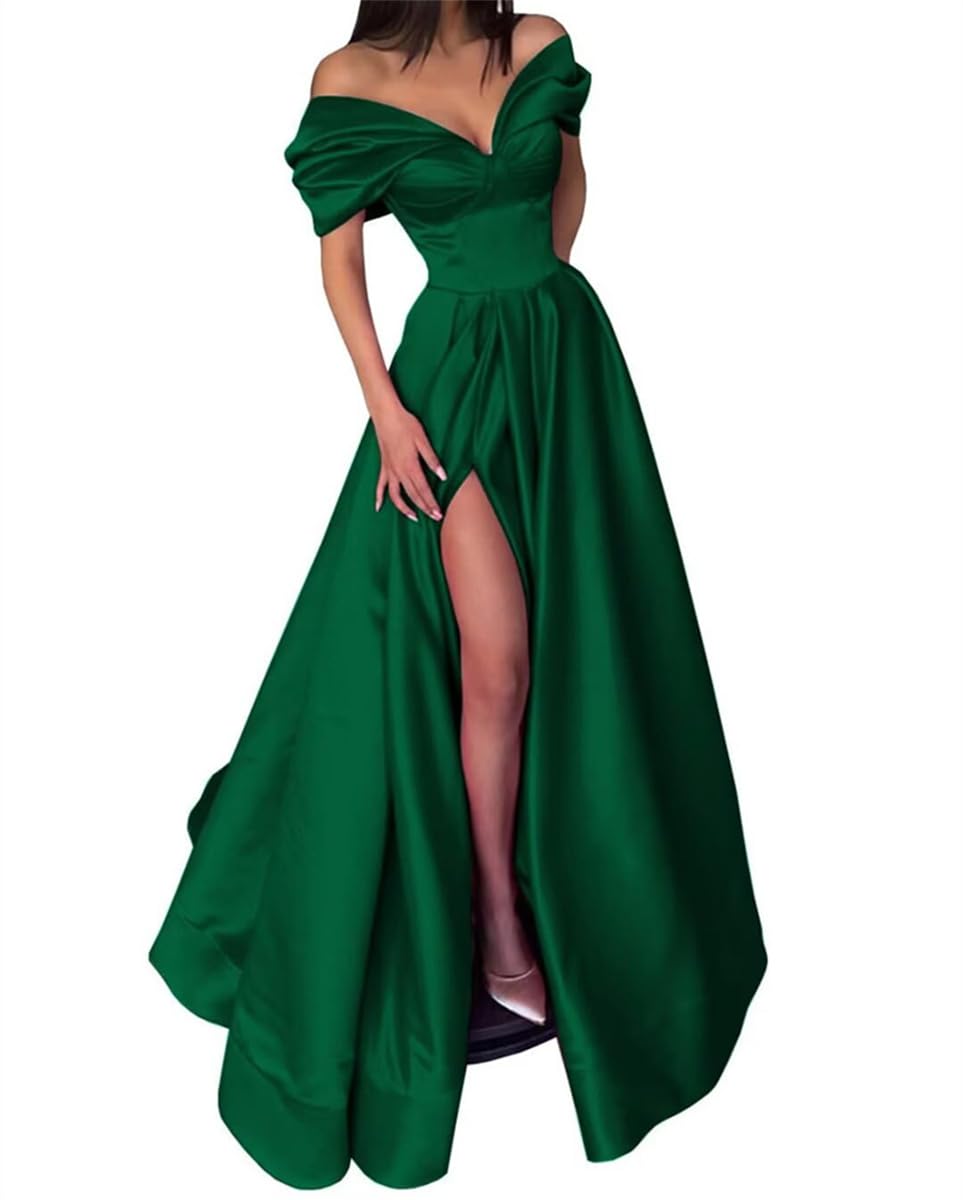 Sayno Women's Emerald Green Satin Bridesmaid Dresses For Wedding With Slit Prom Gowns Pleats Cocktail Dress Plus Size Hlsa412 Uk8