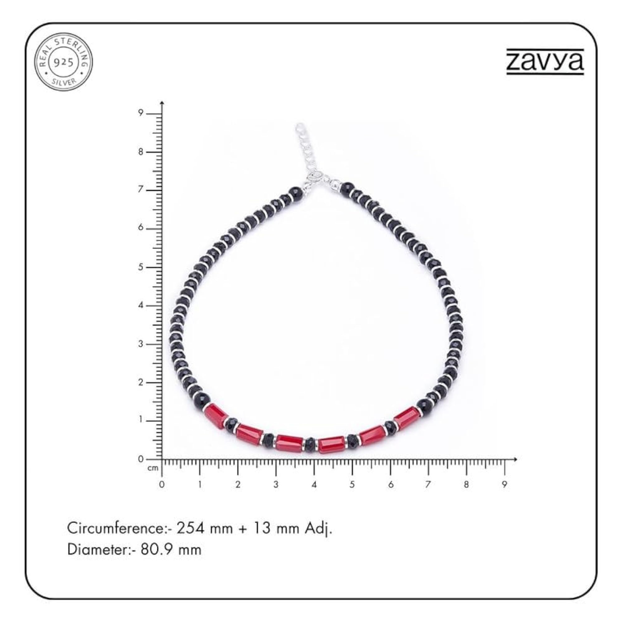 925 Silver Red Beaded Anklet Rhodium Plated Adjustable (Single)