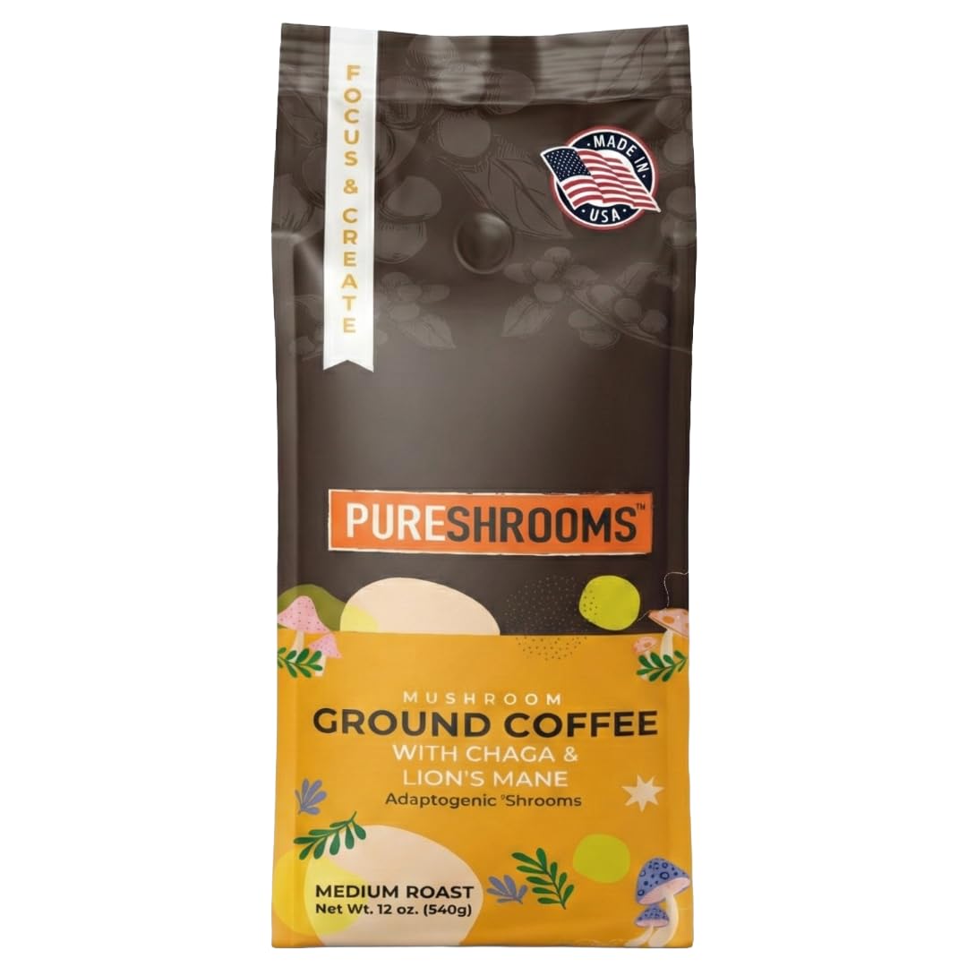PureShrooms Focus & Create Mushroom Coffee – Ground Arabica Blend with Organic Lion's Mane & Chaga for Enhanced Focus, Memory, and Immune Support –
