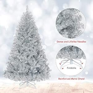 Goplus 6ft Sliver Artificial Christmas Tree, Hinged Full Tree with Electroplated Technology and Metal Stand, for Indoor and Outdoor Holiday Decoration Goplus 6ft Sliver Artificial Christmas Tree Hinged Full Tree with Electroplated Technology and Metal Stand for Indoor and Outdoor Holiday Decoration