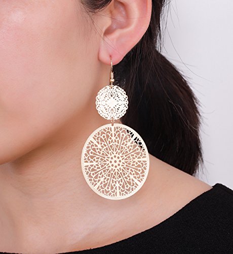 Filigree Disc Drop Earrings Double Round Disc Statement Earrings Metallic Brass Disc Dangle Hook Earrings #TOP1