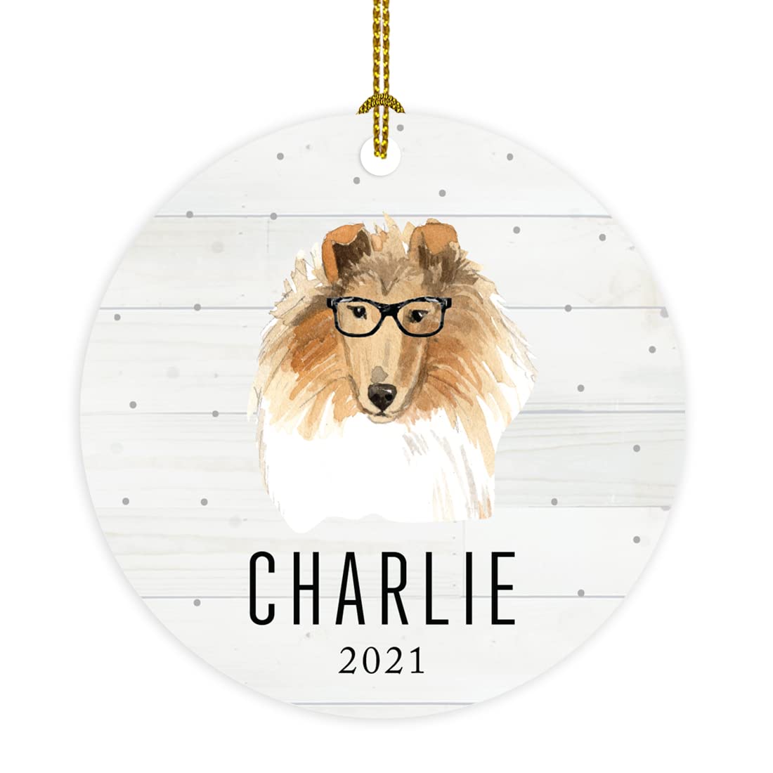 INKOLOGIE Personalised Preppy Dog Art Round Christmas Wood Ornament, Rough Collie in Black Glasses Year, 1-Pack, Custom Birthday Present Ideas for Him Her Dog Lover, Includes Gold Ribbon and Gift Bag