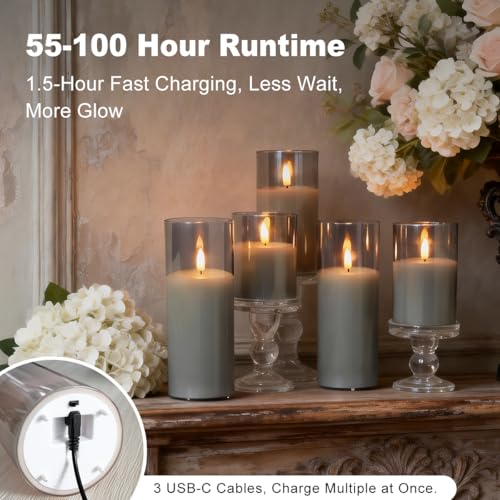 Image of LEDHOLYT Rechargeable Flameless Candles, Realistic Flickering LED Flame,Real Wax Candle with Remote Control and Timer, Clear Glass Electronic Candles, 1 Set of 5(Gray)