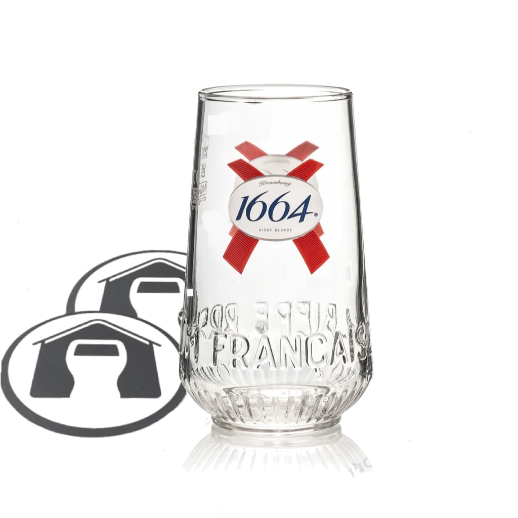 GarageBar | Kronenbourg 1664 Beer Glass | Nucleated Tumbler Beer Glass | Official Merchandise | Comes with 2X Beer Drip Mats (1, Pint/20oz)