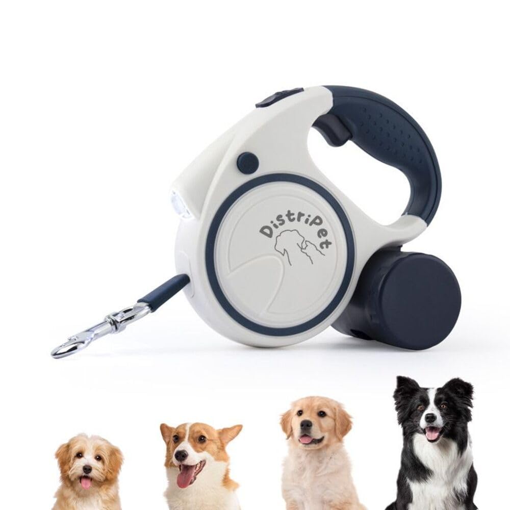 DistriPet Correa Perro Extensible, Correa Retráctil y Enrollable 5mts para Perros Pequeños y Medianos. Incluye dispensador de Bolsas y luz LED. Máximo Peso Recomendado 20kg