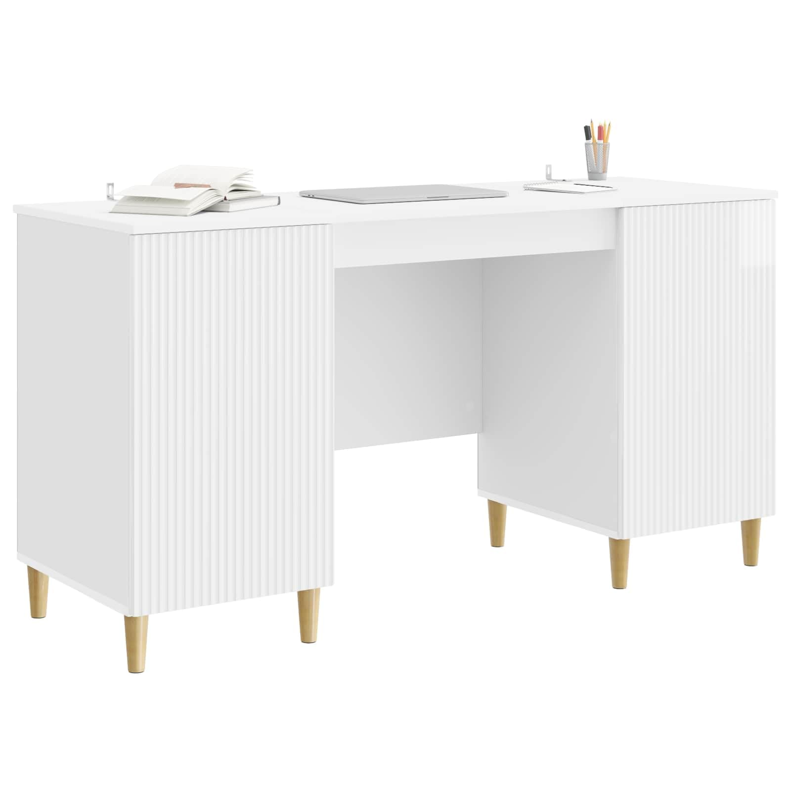 Scrivania bianca lucida, 142,5 x 50 x 75 cm, in legno con vano portaoggetti, scaffale, gestione dei cavi, ideale per casa, studio, camera dei ragazzi, laptop, monitor, stampante